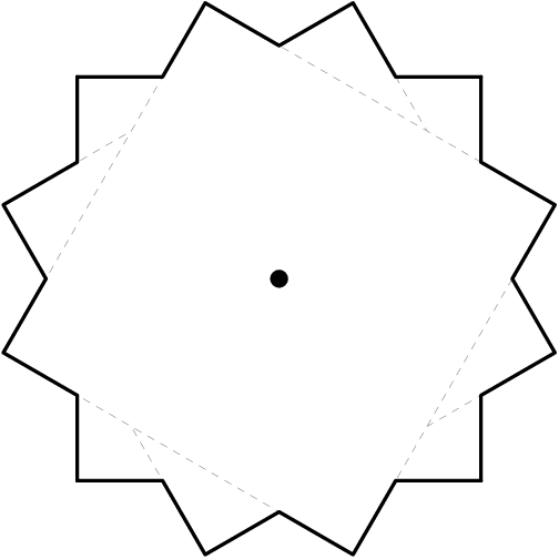 [asy] defaultpen(fontsize(8)+0.8); size(150); pair O,A1,B1,C1,A2,B2,C2,A3,B3,C3,A4,B4,C4; real x=45, y=90, z=60; O=origin; A1=dir(x); A2=dir(x+y); A3=dir(x+2y); A4=dir(x+3y); B1=dir(x-z); B2=dir(x+y-z); B3=dir(x+2y-z); B4=dir(x+3y-z); C1=dir(x-2z); C2=dir(x+y-2z); C3=dir(x+2y-2z); C4=dir(x+3y-2z); draw(A1--A2--A3--A4--A1, gray+0.25+dashed); filldraw(B1--B2--B3--B4--cycle, white, gray+dashed+linewidth(0.25)); filldraw(C1--C2--C3--C4--cycle, white, gray+dashed+linewidth(0.25)); dot(O); pair P1,P2,P3,P4,Q1,Q2,Q3,Q4,R1,R2,R3,R4; P1=extension(A1,A2,B1,B2); Q1=extension(A1,A2,C3,C4); P2=extension(A2,A3,B2,B3); Q2=extension(A2,A3,C4,C1); P3=extension(A3,A4,B3,B4); Q3=extension(A3,A4,C1,C2); P4=extension(A4,A1,B4,B1); Q4=extension(A4,A1,C2,C3); R1=extension(C2,C3,B2,B3); R2=extension(C3,C4,B3,B4); R3=extension(C4,C1,B4,B1); R4=extension(C1,C2,B1,B2); draw(A1--P1--B2--R1--C3--Q1--A2); draw(A2--P2--B3--R2--C4--Q2--A3); draw(A3--P3--B4--R3--C1--Q3--A4); draw(A4--P4--B1--R4--C2--Q4--A1); [/asy]