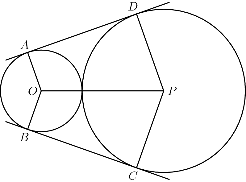 [asy] unitsize(.7cm); defaultpen(.8); pair O = (0,0), P = (6,0), Q = (-6,0); pair A = intersectionpoint( arc( (-3,0), (0,0), (-6,0) ), circle( O, 2 ) ); pair B = (A.x, -A.y ); pair D = Q + 2*(A-Q); pair C = Q + 2*(B-Q); draw( circle(O,2) ); draw( circle(P,4) ); draw( (Q + 0.8*(A-Q)) -- ( Q + 2.3*(A-Q) ) ); draw( (Q + 0.8*(B-Q)) -- ( Q + 2.3*(B-Q) ) ); draw( A -- O -- B ); draw( C -- P -- D ); draw( O -- P ); label("$O$",O,W); label("$P$",P,E); label("$A$",A,NNW); label("$B$",B,SSW); label("$D$",D,NNW); label("$C$",C,SSW); [/asy]