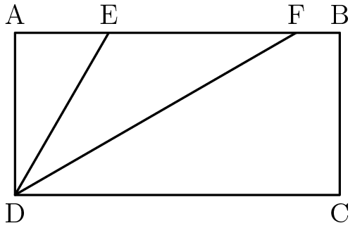 [asy] pair A = (0,1), B = (2,1), C = (2,0), D = (0,0); pair E = intersectionpoint(A--B,D--2*dir(60)), F = intersectionpoint(A--B,D--3*dir(30)); draw(A--D--C--B--cycle); draw(E--D--F); label("A",A,N); label("B",B,N); label("C",C,S); label("D",D,S); label("E",E,N); label("F",F,N); [/asy]