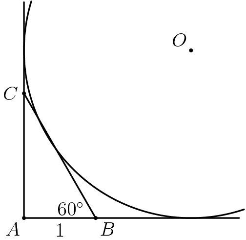 [asy] defaultpen(linewidth(.8pt)); dotfactor=3; pair A = origin; pair B = (1,0); pair C = (0,sqrt(3)); pair O = (2.33,2.33); dot(A);dot(B);dot(C);dot(O); label("$A$",A,SW);label("$B$",B,SE);label("$C$",C,W);label("$O$",O,NW); label("$1$",midpoint(A--B),S);label("$60^\circ$",B,2W + N); draw((3,0)--A--(0,3)); draw(B--C); draw(Arc(O,2.33,163,288.5));[/asy]