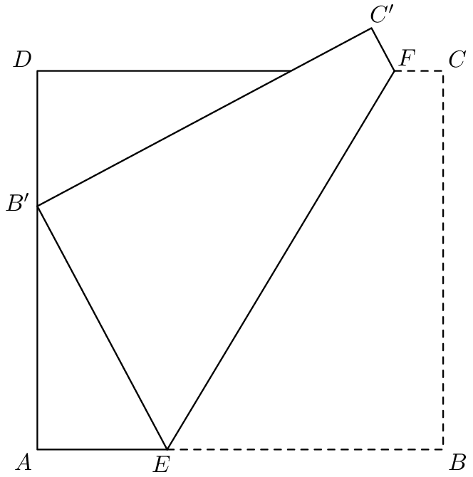 [asy] size(200); defaultpen(linewidth(0.7)+fontsize(10)); pair A=origin, B=(25,0), C=(25,70/3), D=(0,70/3), E=(8,0), F=(22,70/3), Bp=reflect(E,F)*B, Cp=reflect(E,F)*C; draw(F--D--A--E); draw(E--B--C--F, linetype("4 4")); filldraw(E--F--Cp--Bp--cycle, white, black); pair point=( 12.5, 35/3 ); label("$A$", A, dir(point--A)); label("$B$", B, dir(point--B)); label("$C$", C, dir(point--C)); label("$D$", D, dir(point--D)); label("$E$", E, dir(point--E)); label("$F$", F, dir(point--F)); label("$B^\prime$", Bp, dir(point--Bp)); label("$C^\prime$", Cp, dir(point--Cp));[/asy]