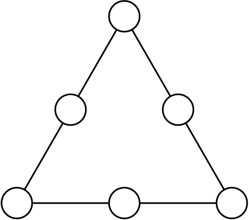 [asy] draw(circle((0,0),1)); draw(dir(60)--6*dir(60)); draw(circle(7*dir(60),1)); draw(8*dir(60)--13*dir(60)); draw(circle(14*dir(60),1)); draw((1,0)--(6,0)); draw(circle((7,0),1)); draw((8,0)--(13,0)); draw(circle((14,0),1)); draw(circle((10.5,6.0621778264910705273460621952706),1)); draw((13.5,0.86602540378443864676372317075294)--(11,5.1961524227066318805823390245176)); draw((10,6.9282032302755091741097853660235)--(7.5,11.258330249197702407928401219788)); [/asy]