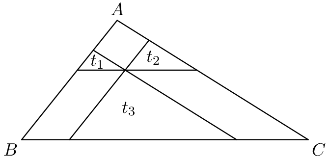 [asy] size(200); pathpen=black+linewidth(0.65);pointpen=black; pair A=(0,0),B=(12,0),C=(4,5); D(A--B--C--cycle); D(A+(B-A)*3/4--A+(C-A)*3/4); D(B+(C-B)*5/6--B+(A-B)*5/6);D(C+(B-C)*5/12--C+(A-C)*5/12); MP("A",C,N);MP("B",A,SW);MP("C",B,SE); /* sorry mixed up points according to resources diagram. */ MP("t_3",(A+B+(B-A)*3/4+(A-B)*5/6)/2+(-1,0.8),N); MP("t_2",(B+C+(B-C)*5/12+(C-B)*5/6)/2+(-0.3,0.1),WSW); MP("t_1",(A+C+(C-A)*3/4+(A-C)*5/12)/2+(0,0.15),ESE); [/asy]