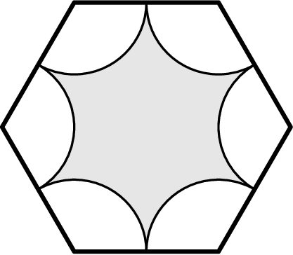[asy] size(125); defaultpen(linewidth(0.8)); path hexagon=(2*dir(0))--(2*dir(60))--(2*dir(120))--(2*dir(180))--(2*dir(240))--(2*dir(300))--cycle; fill(hexagon,lightgrey); for(int i=0;i<=5;i=i+1) { path arc=2*dir(60*i)--arc(2*dir(60*i),1,120+60*i,240+60*i)--cycle; unfill(arc); draw(arc); } draw(hexagon,linewidth(1.8));[/asy]