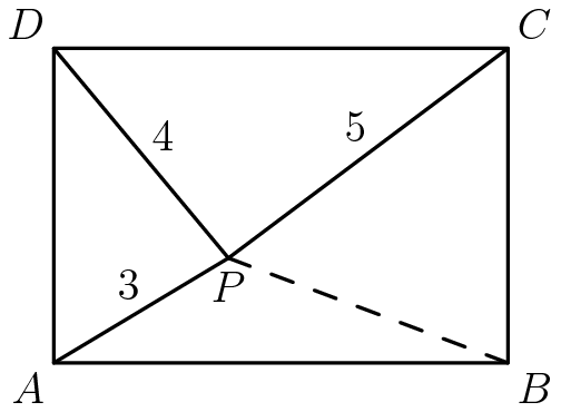 [asy] draw((0,0)--(6.5,0)--(6.5,4.5)--(0,4.5)--cycle); draw((2.5,1.5)--(0,0)); draw((2.5,1.5)--(0,4.5)); draw((2.5,1.5)--(6.5,4.5)); draw((2.5,1.5)--(6.5,0),linetype("8 8")); label("$A$",(0,0),dir(-135)); label("$B$",(6.5,0),dir(-45)); label("$C$",(6.5,4.5),dir(45)); label("$D$",(0,4.5),dir(135)); label("$P$",(2.5,1.5),dir(-90)); label("$3$",(1.25,0.75),dir(120)); label("$4$",(1.25,3),dir(35)); label("$5$",(4.5,3),dir(120)); //Credit to bobthesmartypants for the diagram[/asy]
