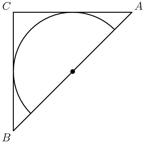 [asy]pair a=(4,4), b=(0,0), c=(0,4), d=(4,0), o=(2,2); draw(circle(o, 2)); clip(a--b--c--cycle); draw(a--b--c--cycle); dot(o); label("$C$", c, NW); label("$A$", a, NE); label("$B$", b, SW);[/asy]
