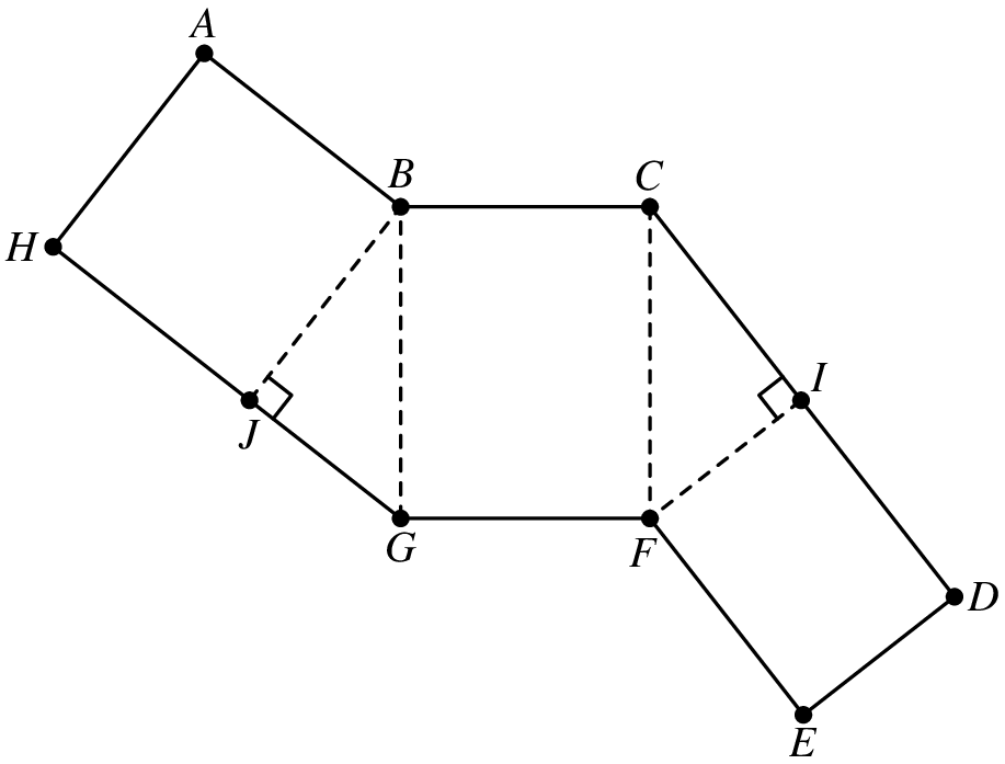 [asy] usepackage("mathptmx"); size(275); defaultpen(linewidth(0.8)); real r = 2, s = 2.5, theta = 14; pair G = (0,0), F = (r,0), C = (r,s), B = (0,s), M = (C+F)/2, I = M + s/2 * dir(-theta); pair N = (B+G)/2, J = N + s/2 * dir(180+theta); pair E = F + r * dir(- 45 - theta/2), D = I+E-F; pair H = J + r * dir(135 + theta/2), A = B+H-J; draw(A--B--C--I--D--E--F--G--J--H--cycle^^rightanglemark(F,I,C)^^rightanglemark(G,J,B)); draw(J--B--G^^C--F--I,linetype ("4 4")); dot("$A$",A,N); dot("$B$",B,1.2*N); dot("$C$",C,N); dot("$D$",D,dir(0)); dot("$E$",E,S); dot("$F$",F,1.5*dir(-100)); dot("$G$",G,S); dot("$H$",H,W); dot("$I$",I,NE); dot("$J$",J,1.5*S); [/asy]