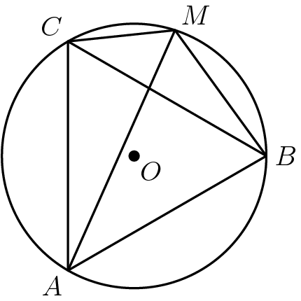 [asy] defaultpen(linewidth(.8pt)); unitsize(2cm); pair O = origin; pair B = (1,0); pair C = dir(120); pair A = dir(240); pair M = dir(90 - 18); draw(Circle(O,1)); draw(A--C--M--B--cycle); draw(B--C); draw(A--M); dot(O); label("$A$",A,SW); label("$B$",B,E); label("$M$",M,NE); label("$C$",C,NW); label("$O$",O,SE);[/asy]