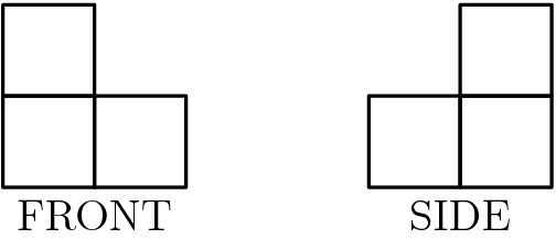 [asy] defaultpen(linewidth(0.8)); path p=unitsquare; draw(p^^shift(0,1)*p^^shift(1,0)*p); draw(shift(4,0)*p^^shift(5,0)*p^^shift(5,1)*p); label("FRONT", (1,0), S); label("SIDE", (5,0), S);[/asy]