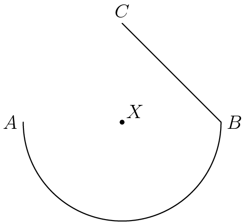 [asy]size(150); pair X=origin, A=(-5,0), B=(5,0), C=(0,5); draw(Arc(X, 5, 180, 360)^^B--C); dot(X); label("$X$", X, NE); label("$C$", C, N); label("$B$", B, E); label("$A$", A, W); [/asy]