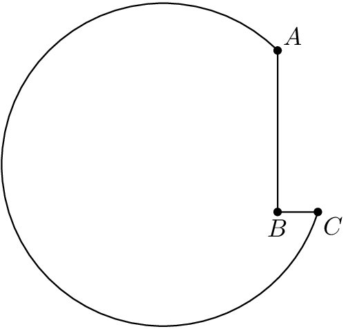 [asy] size(150); defaultpen(linewidth(0.6)+fontsize(11)); real r=10; pair O=(0,0), A=r*dir(45),B=(A.x,A.y-r); path P=circle(O,r); pair C=intersectionpoint(B--(B.x+r,B.y),P); // Drawing arc instead of full circle //draw(P); draw(arc(O, r, degrees(A), degrees(C))); draw(C--B--A--B); dot(A); dot(B); dot(C); label("$A$",A,NE); label("$B$",B,S); label("$C$",C,SE); [/asy]