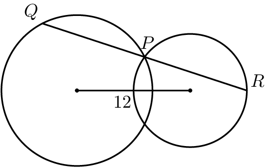 [asy]size(160); defaultpen(linewidth(.8pt)+fontsize(11pt)); dotfactor=3; pair O1=(0,0), O2=(12,0); path C1=Circle(O1,8), C2=Circle(O2,6); pair P=intersectionpoints(C1,C2)[0]; path C3=Circle(P,sqrt(130)); pair Q=intersectionpoints(C3,C1)[0]; pair R=intersectionpoints(C3,C2)[1]; draw(C1); draw(C2); draw(O2--O1); dot(O1); dot(O2); draw(Q--R); label("$Q$",Q,NW); label("$P$",P,1.5*dir(80)); label("$R$",R,NE); label("12",waypoint(O1--O2,0.4),S);[/asy]