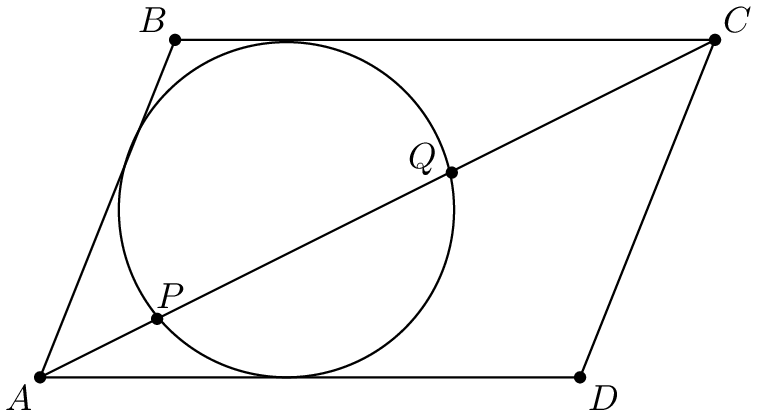 [asy] defaultpen(linewidth(0.6)+fontsize(11)); size(8cm); pair A,B,C,D,P,Q; A=(0,0); label("$A$", A, SW); B=(6,15); label("$B$", B, NW); C=(30,15); label("$C$", C, NE); D=(24,0); label("$D$", D, SE); P=(5.2,2.6); label("$P$", (5.8,2.6), N); Q=(18.3,9.1); label("$Q$", (18.1,9.7), W); draw(A--B--C--D--cycle); draw(C--A); draw(Circle((10.95,7.45), 7.45)); dot(A^^B^^C^^D^^P^^Q); [/asy]