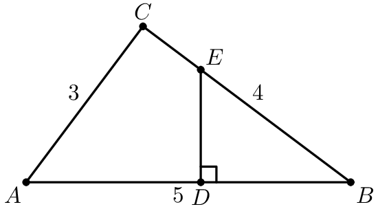 [asy] unitsize(10mm); defaultpen(linewidth(.8pt)+fontsize(10pt)); dotfactor=4; pair A=(0,0), B=(5,0), C=(1.8,2.4), D=(5-4sqrt(3)/3,0), E=(5-4sqrt(3)/3,sqrt(3)); pair[] ps={A,B,C,D,E}; draw(A--B--C--cycle); draw(E--D); draw(rightanglemark(E,D,B)); dot(ps); label("$A$",A,SW); label("$B$",B,SE); label("$C$",C,N); label("$D$",D,S); label("$E$",E,NE); label("$3$",midpoint(A--C),NW); label("$4$",midpoint(C--B),NE); label("$5$",midpoint(A--B),SW); [/asy]