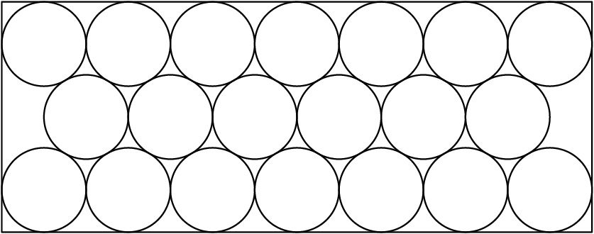 [asy] size(250);real x=sqrt(3); int i; draw(origin--(14,0)--(14,2+2x)--(0,2+2x)--cycle); for(i=0; i<7; i=i+1) { draw(Circle((2*i+1,1), 1)^^Circle((2*i+1,1+2x), 1)); } for(i=0; i<6; i=i+1) { draw(Circle((2*i+2,1+x), 1)); } [/asy]