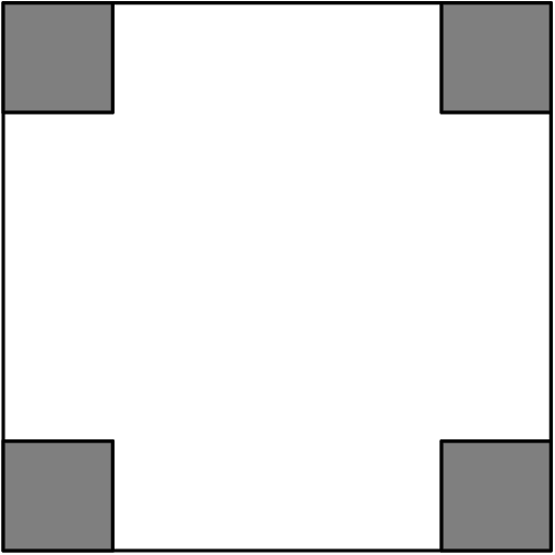 [asy] draw((0,0)--(0,5)--(5,5)--(5,0)--cycle); filldraw((0,4)--(1,4)--(1,5)--(0,5)--cycle, gray); filldraw((0,0)--(1,0)--(1,1)--(0,1)--cycle, gray); filldraw((4,0)--(4,1)--(5,1)--(5,0)--cycle, gray); filldraw((4,4)--(4,5)--(5,5)--(5,4)--cycle, gray); [/asy]