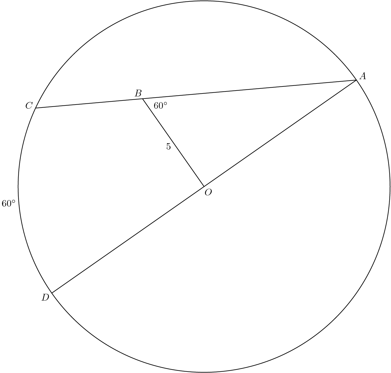 [asy] defaultpen(linewidth(0.7)+fontsize(10)); pair O=origin, A=dir(35), C=dir(155), D=dir(215), B=intersectionpoint(dir(125)--O, A--C); draw(C--A--D^^B--O^^Circle(O,1)); pair point=O; label("$A$", A, dir(point--A)); label("$B$", B, dir(point--B)); label("$C$", C, dir(point--C)); label("$D$", D, dir(point--D)); label("$O$", O, dir(305)); label("$5$", B--O, dir(O--B)*dir(90)); label("$60^\circ$", dir(185), dir(185)); label("$60^\circ$", B+0.05*dir(-25), dir(-25));[/asy]