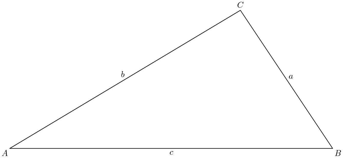 [asy] defaultpen(linewidth(0.7)+fontsize(10)); pair A=origin, B=(14,0), C=(10,6); draw(A--B--C--cycle); label("$A$", A, SW); label("$B$", B, SE); label("$C$", C, N); label("$a$", B--C, dir(B--C)*dir(-90)); label("$b$", A--C, dir(C--A)*dir(-90)); label("$c$", A--B, dir(A--B)*dir(-90));[/asy]