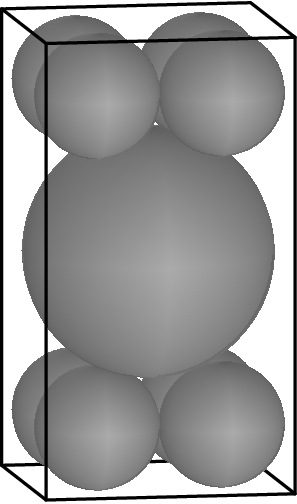 [asy] import graph3; import solids; real h=2+2*sqrt(7); currentprojection=orthographic((0.75,-5,h/2+1),target=(2,2,h/2)); currentlight=light(4,-4,4); draw((0,0,0)--(4,0,0)--(4,4,0)--(0,4,0)--(0,0,0)^^(4,0,0)--(4,0,h)--(4,4,h)--(0,4,h)--(0,4,0)); draw(shift((1,3,1))*unitsphere,gray(0.85)); draw(shift((3,3,1))*unitsphere,gray(0.85)); draw(shift((3,1,1))*unitsphere,gray(0.85)); draw(shift((1,1,1))*unitsphere,gray(0.85)); draw(shift((2,2,h/2))*scale(2,2,2)*unitsphere,gray(0.85)); draw(shift((1,3,h-1))*unitsphere,gray(0.85)); draw(shift((3,3,h-1))*unitsphere,gray(0.85)); draw(shift((3,1,h-1))*unitsphere,gray(0.85)); draw(shift((1,1,h-1))*unitsphere,gray(0.85)); draw((0,0,0)--(0,0,h)--(4,0,h)^^(0,0,h)--(0,4,h)); [/asy]