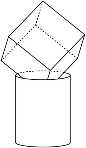[asy] import three; import solids; size(5cm); currentprojection=orthographic(1,-1/6,1/6); draw(surface(revolution((0,0,0),(-2,-2*sqrt(3),0)--(-2,-2*sqrt(3),-10),Z,0,360)),white,nolight); triple A =(8*sqrt(6)/3,0,8*sqrt(3)/3), B = (-4*sqrt(6)/3,4*sqrt(2),8*sqrt(3)/3), C = (-4*sqrt(6)/3,-4*sqrt(2),8*sqrt(3)/3), X = (0,0,-2*sqrt(2)); draw(X--X+A--X+A+B--X+A+B+C); draw(X--X+B--X+A+B); draw(X--X+C--X+A+C--X+A+B+C); draw(X+A--X+A+C); draw(X+C--X+C+B--X+A+B+C,linetype("2 4")); draw(X+B--X+C+B,linetype("2 4")); draw(surface(revolution((0,0,0),(-2,-2*sqrt(3),0)--(-2,-2*sqrt(3),-10),Z,0,240)),white,nolight); draw((-2,-2*sqrt(3),0)..(4,0,0)..(-2,2*sqrt(3),0)); draw((-4*cos(atan(5)),-4*sin(atan(5)),0)--(-4*cos(atan(5)),-4*sin(atan(5)),-10)..(4,0,-10)..(4*cos(atan(5)),4*sin(atan(5)),-10)--(4*cos(atan(5)),4*sin(atan(5)),0)); draw((-2,-2*sqrt(3),0)..(-4,0,0)..(-2,2*sqrt(3),0),linetype("2 4")); [/asy]