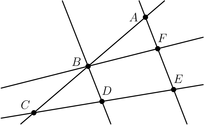 [asy] // made by SirCalcsALot size(200); dotfactor = 10; pair p1 = (-28,0); pair p2 = (-111,213); draw(p1--p2,linewidth(1)); pair p3 = (-160,0); pair p4 = (-244,213); draw(p3--p4,linewidth(1)); pair p5 = (-316,0); pair p6 = (-67,213); draw(p5--p6,linewidth(1)); pair p7 = (0, 68); pair p8 = (-350,10); draw(p7--p8,linewidth(1)); pair p9 = (0, 150); pair p10 = (-350, 62); draw(p9--p10,linewidth(1)); pair A = intersectionpoint(p1--p2, p5--p6); dot("$A$", A, 2*W); pair B = intersectionpoint(p5--p6, p3--p4); dot("$B$", B, 2*WNW); pair C = intersectionpoint(p7--p8, p5--p6); dot("$C$", C, 1.5*NW); pair D = intersectionpoint(p3--p4, p7--p8); dot("$D$", D, 2*NNE); pair EE = intersectionpoint(p1--p2, p7--p8); dot("$E$", EE, 2*NNE); pair F = intersectionpoint(p1--p2, p9--p10); dot("$F$", F, 2*NNE); [/asy]