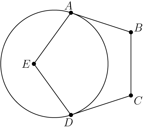 [asy] defaultpen(linewidth(0.7)); draw(rotate(18)*polygon(5)); real x=0.6180339887; draw(Circle((-x,0), 1)); int i; for(i=0; i<5; i=i+1) { dot(origin+1*dir(36+72*i)); } label("$B$", origin+1*dir(36+72*0), dir(origin--origin+1*dir(36+72*0))); label("$A$", origin+1*dir(36+72*1), dir(origin--origin+1*dir(36+72))); label("$E$", origin+1*dir(36+72*2), dir(origin--origin+1*dir(36+144))); label("$D$", origin+1*dir(36+72*3), dir(origin--origin+1*dir(36+72*3))); label("$C$", origin+1*dir(36+72*4), dir(origin--origin+1*dir(36+72*4)));[/asy]
