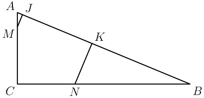 [asy] unitsize(0.5cm); defaultpen(0.8); pair C=(0,0), A=(0,5), B=(12,0), M=(0,4), N=(4,0); pair J=intersectionpoint(A--B, M--(M+rotate(90)*(B-A)) ); pair K=intersectionpoint(A--B, N--(N+rotate(90)*(B-A)) ); draw( A--B--C--cycle ); draw( M--J ); draw( N--K ); label("$A$",A,NW); label("$B$",B,SE); label("$C$",C,SW); label("$M$",M,SW); label("$N$",N,S); label("$J$",J,NE); label("$K$",K,NE); [/asy]