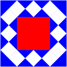 [asy] unitsize(3mm); fill((-4,-4)--(-4,4)--(4,4)--(4,-4)--cycle,blue); fill((-2,-2)--(-2,2)--(2,2)--(2,-2)--cycle,red); path onewhite=(-3,3)--(-2,4)--(-1,3)--(-2,2)--(-3,3)--(-1,3)--(0,4)--(1,3)--(0,2)--(-1,3)--(1,3)--(2,4)--(3,3)--(2,2)--(1,3)--cycle; path divider=(-2,2)--(-3,3)--cycle; fill(onewhite,white); fill(rotate(90)*onewhite,white); fill(rotate(180)*onewhite,white); fill(rotate(270)*onewhite,white); [/asy]