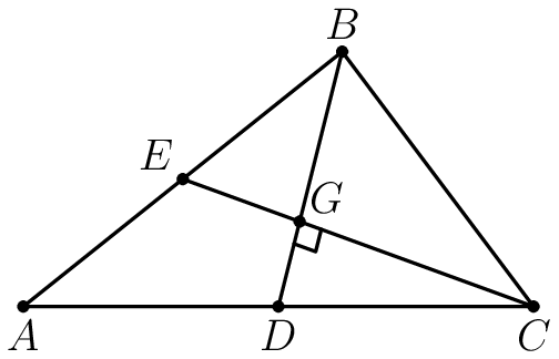 [asy] defaultpen(linewidth(.8pt)); dotfactor=4; pair A = origin; pair B = (1.25,1); pair C = (2,0); pair D = midpoint(A--C); pair E = midpoint(A--B); pair G = intersectionpoint(E--C,B--D); dot(A);dot(B);dot(C);dot(D);dot(E);dot(G); label("$A$",A,S);label("$B$",B,N);label("$C$",C,S);label("$D$",D,S);label("$E$",E,NW);label("$G$",G,NE); draw(A--B--C--cycle); draw(B--D); draw(E--C); draw(rightanglemark(C,G,D,3));[/asy]