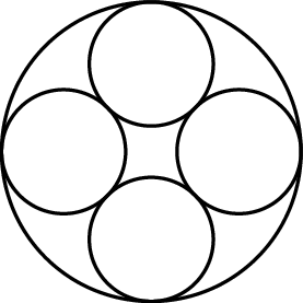 [asy] unitsize(6mm); defaultpen(linewidth(.8pt)); draw(Circle((0,0),1+sqrt(2))); draw(Circle((sqrt(2),0),1)); draw(Circle((0,sqrt(2)),1)); draw(Circle((-sqrt(2),0),1)); draw(Circle((0,-sqrt(2)),1)); [/asy]