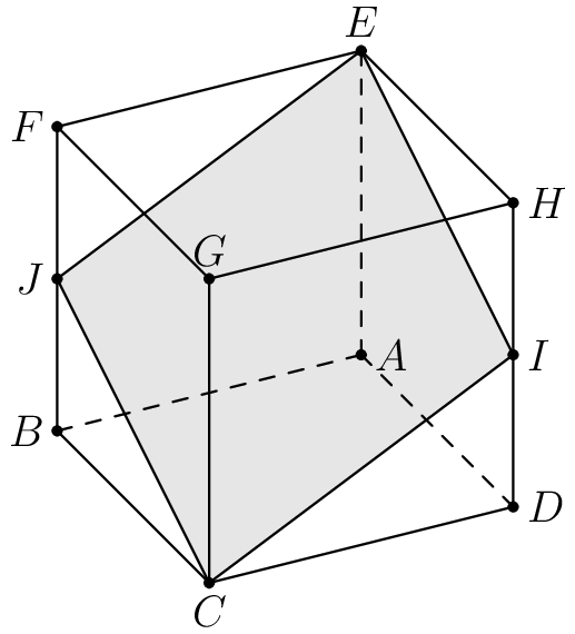 [asy] size(6cm); pair A,B,C,D,EE,F,G,H,I,J; C = (0,0); B = (-1,1); D = (2,0.5); A = B+D; G = (0,2); F = B+G; H = G+D; EE = G+B+D; I = (D+H)/2; J = (B+F)/2; filldraw(C--I--EE--J--cycle,lightgray,black); draw(C--D--H--EE--F--B--cycle); draw(G--F--G--C--G--H); draw(A--B,dashed); draw(A--EE,dashed); draw(A--D,dashed); dot(A); dot(B); dot(C); dot(D); dot(EE); dot(F); dot(G); dot(H); dot(I); dot(J); label("$A$",A,E); label("$B$",B,W); label("$C$",C,S); label("$D$",D,E); label("$E$",EE,N); label("$F$",F,W); label("$G$",G,N); label("$H$",H,E); label("$I$",I,E); label("$J$",J,W); [/asy]