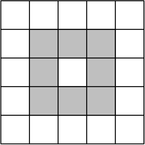 [asy] filldraw((0,0)--(5,0)--(5,5)--(0,5)--cycle,white,black); filldraw((1,1)--(4,1)--(4,4)--(1,4)--cycle,mediumgray,black); filldraw((2,2)--(3,2)--(3,3)--(2,3)--cycle,white,black); draw((4,0)--(4,5)); draw((3,0)--(3,5)); draw((2,0)--(2,5)); draw((1,0)--(1,5)); draw((0,4)--(5,4)); draw((0,3)--(5,3)); draw((0,2)--(5,2)); draw((0,1)--(5,1)); [/asy]