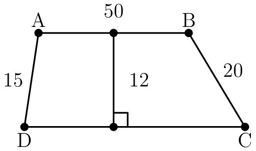 [asy] pair A,B,C,D; A=(3,20); B=(35,20); C=(47,0); D=(0,0); draw(A--B--C--D--cycle); dot((0,0)); dot((3,20)); dot((35,20)); dot((47,0)); label("A",A,N); label("B",B,N); label("C",C,S); label("D",D,S); draw((19,20)--(19,0)); dot((19,20)); dot((19,0)); draw((19,3)--(22,3)--(22,0)); label("12",(21,10),E); label("50",(19,22),N); label("15",(1,10),W); label("20",(41,12),E);[/asy]
