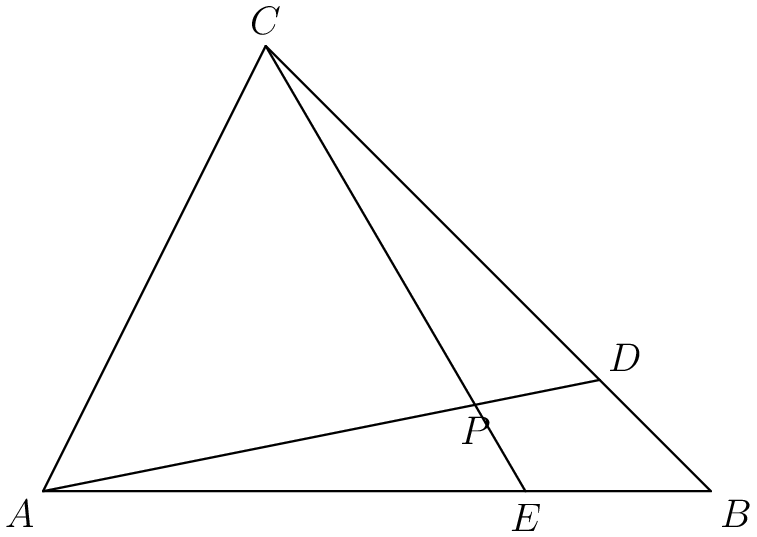 [asy] size(8cm); pair A = (0, 0), B = (9, 0), C = (3, 6); pair D = (7.5, 1.5), E = (6.5, 0); pair P = intersectionpoints(A--D, C--E)[0]; draw(A--B--C--cycle); draw(A--D); draw(C--E); label("$A$", A, SW); label("$B$", B, SE); label("$C$", C, N); label("$D$", D, NE); label("$E$", E, S); label("$P$", P, S); //Credit to MSTang for the asymptote[/asy]