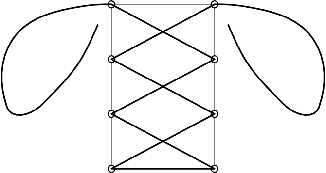[asy] size(200); defaultpen(linewidth(0.7)); path laceL=(-20,-30)..tension 0.75 ..(-90,-135)..(-102,-147)..(-152,-150)..tension 2 ..(-155,-140)..(-135,-40)..(-50,-4)..tension 0.8 ..origin; path laceR=reflect((75,0),(75,-240))*laceL; draw(origin--(0,-240)--(150,-240)--(150,0)--cycle,gray); for(int i=0;i<=3;i=i+1) { path circ1=circle((0,-80*i),5),circ2=circle((150,-80*i),5); unfill(circ1); draw(circ1); unfill(circ2); draw(circ2); } draw(laceL--(150,-80)--(0,-160)--(150,-240)--(0,-240)--(150,-160)--(0,-80)--(150,0)^^laceR,linewidth(1));[/asy]