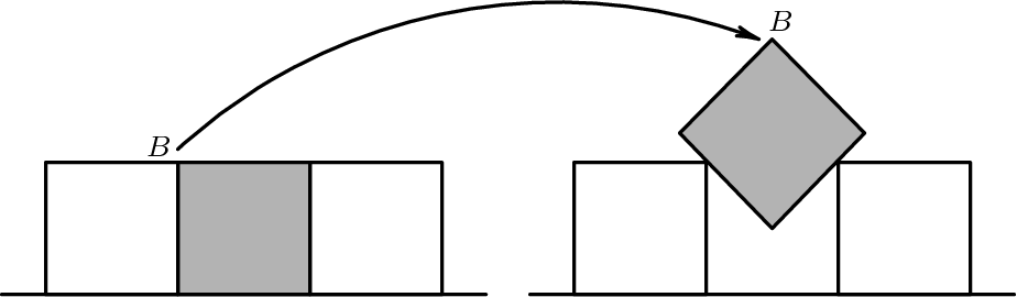 [asy] unitsize(1inch); defaultpen(linewidth(.8pt)+fontsize(8pt)); draw((0,0)--((1/3) + 3*(1/2),0)); fill(((1/6) + (1/2),0)--((1/6) + (1/2),(1/2))--((1/6) + 1,(1/2))--((1/6) + 1,0)--cycle, rgb(.7,.7,.7)); draw(((1/6),0)--((1/6) + (1/2),0)--((1/6) + (1/2),(1/2))--((1/6),(1/2))--cycle); draw(((1/6) + (1/2),0)--((1/6) + (1/2),(1/2))--((1/6) + 1,(1/2))--((1/6) + 1,0)--cycle); draw(((1/6) + 1,0)--((1/6) + 1,(1/2))--((1/6) + (3/2),(1/2))--((1/6) + (3/2),0)--cycle); draw((2,0)--(2 + (1/3) + (3/2),0)); draw(((2/3) + (3/2),0)--((2/3) + 2,0)--((2/3) + 2,(1/2))--((2/3) + (3/2),(1/2))--cycle); draw(((2/3) + (5/2),0)--((2/3) + (5/2),(1/2))--((2/3) + 3,(1/2))--((2/3) + 3,0)--cycle); label("$B$",((1/6) + (1/2),(1/2)),NW); label("$B$",((2/3) + 2 + (1/4),(29/30)),NNE); draw(((1/6) + (1/2),(1/2)+0.05)..(1,.8)..((2/3) + 2 + (1/4)-.05,(29/30)),EndArrow(HookHead,3)); fill(((2/3) + 2 + (1/4),(1/4))--((2/3) + (5/2) + (1/10),(1/2) + (1/9))--((2/3) + 2 + (1/4),(29/30))--((2/3) + 2 - (1/10),(1/2) + (1/9))--cycle, rgb(.7,.7,.7)); draw(((2/3) + 2 + (1/4),(1/4))--((2/3) + (5/2) + (1/10),(1/2) + (1/9))--((2/3) + 2 + (1/4),(29/30))--((2/3) + 2 - (1/10),(1/2) + (1/9))--cycle);[/asy]