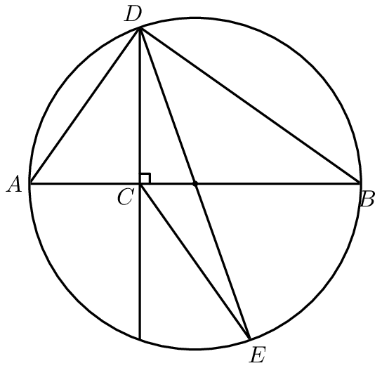 [asy] unitsize(2.5cm); defaultpen(fontsize(10pt)+linewidth(.8pt)); dotfactor=3; pair O=(0,0), C=(-1/3.0), B=(1,0), A=(-1,0); pair D=dir(aCos(C.x)), E=(-D.x,-D.y); draw(A--B--D--cycle); draw(D--E--C); draw(unitcircle,white); drawline(D,C); dot(O); clip(unitcircle); draw(unitcircle); label("$E$",E,SSE); label("$B$",B,E); label("$A$",A,W); label("$D$",D,NNW); label("$C$",C,SW); draw(rightanglemark(D,C,B,2));[/asy]