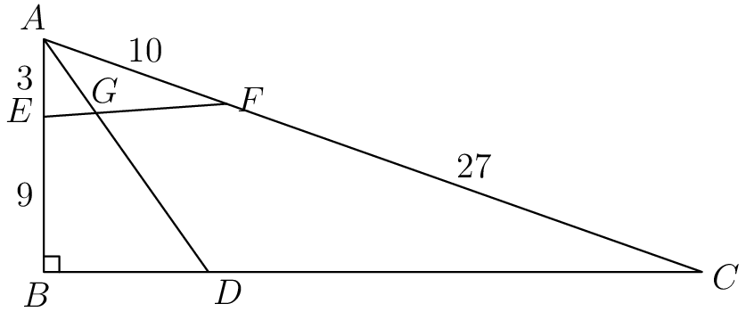 [asy] size(250); pair A=(0,12), E=(0,8), B=origin, C=(24*sqrt(2),0), D=(6*sqrt(2),0), F=A+10*dir(A--C), G=intersectionpoint(E--F, A--D); draw(A--B--C--A--D^^E--F); pair point=G+1*dir(250); label("$A$", A, dir(point--A)); label("$B$", B, dir(point--B)); label("$C$", C, dir(point--C)); label("$D$", D, dir(point--D)); label("$E$", E, dir(point--E)); label("$F$", F, dir(point--F)); label("$G$", G, dir(point--G)); markscalefactor=0.1; draw(rightanglemark(A,B,C)); label("10", A--F, dir(90)*dir(A--F)); label("27", F--C, dir(90)*dir(F--C)); label("3", (0,10), W); label("9", (0,4), W); [/asy]