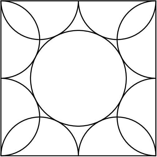 [asy] scale(200); draw(scale(.5)*((-1,-1)--(1,-1)--(1,1)--(-1,1)--cycle)); path p = arc((.25,-.5),.25,0,180)--arc((-.25,-.5),.25,0,180); draw(p); p=rotate(90)*p; draw(p); p=rotate(90)*p; draw(p); p=rotate(90)*p; draw(p); draw(scale((sqrt(5)-1)/4)*unitcircle); [/asy]