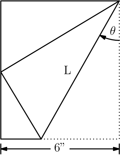 [asy] real h = 7; real t = asin(6/h)/2; real x = 6-h*tan(t); real y = x*tan(2*t); draw((0,0)--(0,h)--(6,h)--(x,0)--cycle); draw((x,0)--(0,y)--(6,h)); draw((6,h)--(6,0)--(x,0),dotted); label("L",(3.75,h/2),W); label("$\theta$",(6,h-1.5),W);draw(arc((6,h),2,270,270-degrees(t)),Arrow(2mm)); label("6''",(3,0),S); draw((2.5,-.5)--(0,-.5),Arrow(2mm)); draw((3.5,-.5)--(6,-.5),Arrow(2mm)); draw((0,-.25)--(0,-.75));draw((6,-.25)--(6,-.75)); //Credit to Zimbalono for the diagram [/asy]