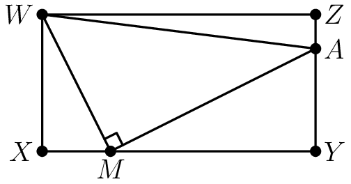 [asy] pair X = (0, 0); pair W = (0, 4); pair Y = (8, 0); pair Z = (8, 4); label("$X$", X, dir(180)); label("$W$", W, dir(180)); label("$Y$", Y, dir(0)); label("$Z$", Z, dir(0)); draw(W--X--Y--Z--cycle); dot(X); dot(Y); dot(W); dot(Z); pair M = (2, 0); pair A = (8, 3); label("$A$", A, dir(0)); dot(M); dot(A); draw(W--M--A--cycle); markscalefactor = 0.05; draw(rightanglemark(W, M, A)); label("$M$", M, dir(-90)); [/asy]