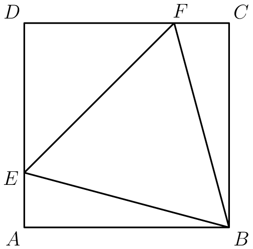 [asy] pair A=origin, B=(1,0), C=(1,1), D=(0,1), X=B+2*dir(165), E=intersectionpoint(B--X, A--D), Y=B+2*dir(105), F=intersectionpoint(B--Y, D--C); draw(B--C--D--A--B--F--E--B); pair point=(0.5,0.5); label("$A$", A, dir(point--A)); label("$B$", B, dir(point--B)); label("$C$", C, dir(point--C)); label("$D$", D, dir(point--D)); label("$E$", E, dir(point--E)); label("$F$", F, dir(point--F)); [/asy]