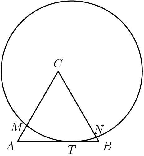 [asy] pair A = (0,0), B = (1,0), C = dir(60), T = (2/3,0); pair M = intersectionpoint(A--C,Circle((2/3,sqrt(3)/2),sqrt(3)/2)), N = intersectionpoint(B--C,Circle((2/3,sqrt(3)/2),sqrt(3)/2)); draw((0,0)--(1,0)--dir(60)--cycle); draw(Circle((2/3,sqrt(3)/2),sqrt(3)/2)); label("$A$",A,dir(210)); label("$B$",B,dir(-30)); label("$C$",C,dir(90)); label("$M$",M,dir(190)); label("$N$",N,dir(75)); label("$T$",T,dir(-90)); //Credit to bobthesmartypants for the diagram[/asy]