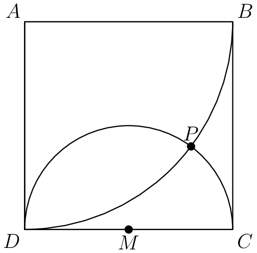 [asy] pair A,B,C,D,M,P; D=(0,0); C=(10,0); B=(10,10); A=(0,10); M=(5,0); P=(8,4); dot(M); dot(P); draw(A--B--C--D--cycle,linewidth(0.7)); draw((5,5)..D--C..cycle,linewidth(0.7)); draw((7.07,2.93)..B--A--D..cycle,linewidth(0.7)); label("$A$",A,NW); label("$B$",B,NE); label("$C$",C,SE); label("$D$",D,SW); label("$M$",M,S); label("$P$",P,N); [/asy]