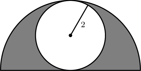 [asy] unitsize(6mm); defaultpen(linewidth(.8pt)+fontsize(8pt)); dotfactor=4; filldraw(Arc((0,0),4,0,180)--cycle,gray,black); filldraw(Circle((0,2),2),white,black); dot((0,2)); draw((0,2)--((0,2)+2*dir(60))); label("$2$",midpoint((0,2)--((0,2)+2*dir(60))),SE); [/asy]