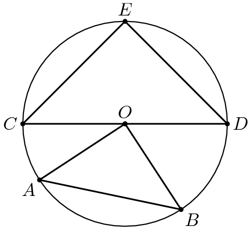 [asy] draw(circle((0,0),10),black+linewidth(.75)); draw((-10,0)--(0,0)--(10,0)--(0,10)--cycle,dot); MP("O",(0,0),N);MP("C",(-10,0),W);MP("D",(10,0),E);;MP("E",(0,10),N); draw((-sqrt(70),-sqrt(30))--(sqrt(30),-sqrt(70))--(0,0)--cycle,dot); MP("A",(-sqrt(70),-sqrt(30)),SW);MP("B",(sqrt(30),-sqrt(70)),SE); [/asy]