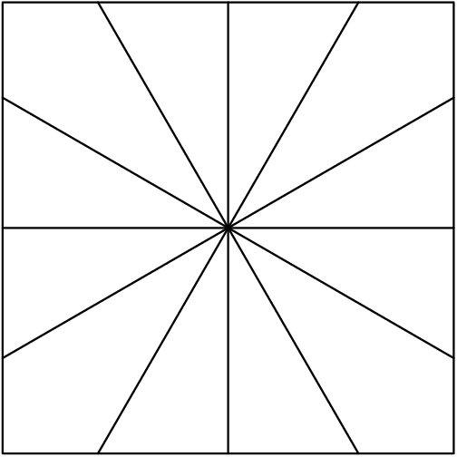 [asy] draw((-1,-1)--(1,-1)--(1,1)--(-1,1)--cycle, black+linewidth(.75)); draw((0,-1)--(0,1), black+linewidth(.75)); draw((-1,0)--(1,0), black+linewidth(.75)); draw((-1,-1/sqrt(3))--(1,1/sqrt(3)), black+linewidth(.75)); draw((-1,1/sqrt(3))--(1,-1/sqrt(3)), black+linewidth(.75)); draw((-1/sqrt(3),-1)--(1/sqrt(3),1), black+linewidth(.75)); draw((1/sqrt(3),-1)--(-1/sqrt(3),1), black+linewidth(.75)); [/asy]