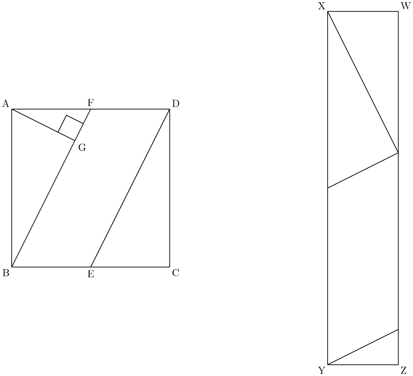 [asy] defaultpen(linewidth(0.7)+fontsize(10)); pair A=(0,1), B=(0,-1), C=(2,-1), D=(2,1), E=(1,-1), F=(1,1), G=(.8,.6); pair X=(4,sqrt(5)), Y=(4,-sqrt(5)), Z=(4+2/sqrt(5),-sqrt(5)), W=(4+2/sqrt(5),sqrt(5)), T=(4,0), U=(4+2/sqrt(5),-4/sqrt(5)), V=(4+2/sqrt(5),1/sqrt(5)); draw(A--B--C--D--A^^B--F^^E--D^^A--G^^rightanglemark(A,G,F)); draw(X--Y--Z--W--X^^T--V--X^^Y--U); label("A", A, NW); label("B", B, SW); label("C", C, SE); label("D", D, NE); label("E", E, S); label("F", F, N); label("G", G, E); label("X", X, NW); label("Y", Y, SW); label("Z", Z, SE); label("W", W, NE); [/asy]