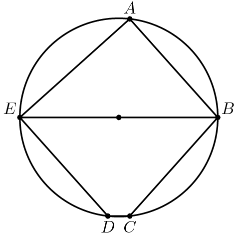 [asy] unitsize(7mm); defaultpen(linewidth(.8pt)+fontsize(10pt)); dotfactor=4; real r=3; pair A=(-3cos(80),-3sin(80)); pair D=(3cos(80),3sin(80)), C=(-3cos(80),3sin(80)); pair O=(0,0), E=(-3,0), B=(3,0); path outer=Circle(O,r); draw(outer); draw(E--B); draw(E--A); draw(B--A); draw(E--D); draw(C--D); draw(B--C); pair[] ps={A,B,C,D,E,O}; dot(ps); label("$A$",A,N); label("$B$",B,NE); label("$C$",C,S); label("$D$",D,S); label("$E$",E,NW); label("$$",O,N); [/asy]