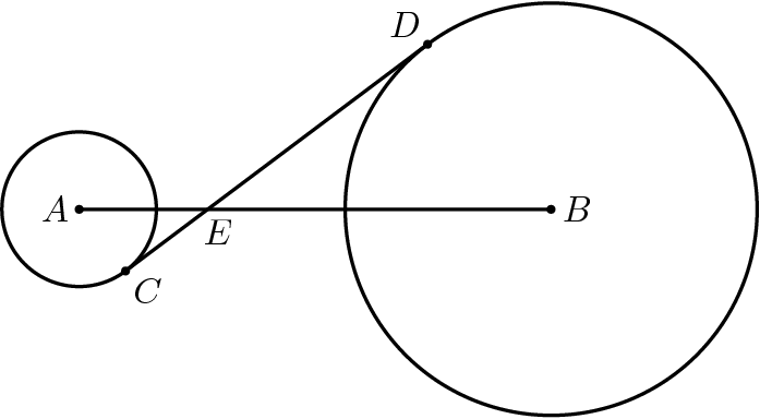 [asy]unitsize(2.5mm); defaultpen(fontsize(10pt)+linewidth(.8pt)); dotfactor=3; pair A=(0,0), Ep=(5,0), B=(5+40/3,0); pair M=midpoint(A--Ep); pair C=intersectionpoints(Circle(M,2.5),Circle(A,3))[1]; pair D=B+8*dir(180+degrees(C)); dot(A); dot(C); dot(B); dot(D); draw(C--D); draw(A--B); draw(Circle(A,3)); draw(Circle(B,8)); label("$A$",A,W); label("$B$",B,E); label("$C$",C,SE); label("$E$",Ep,SSE); label("$D$",D,NW);[/asy]